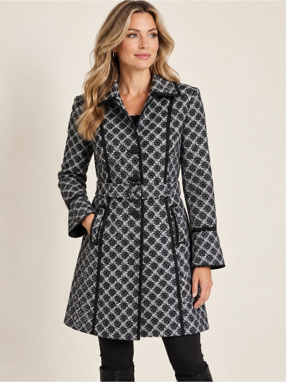 Etcetera Black & White Tweed Patterned A-Line Women's Dress Coat